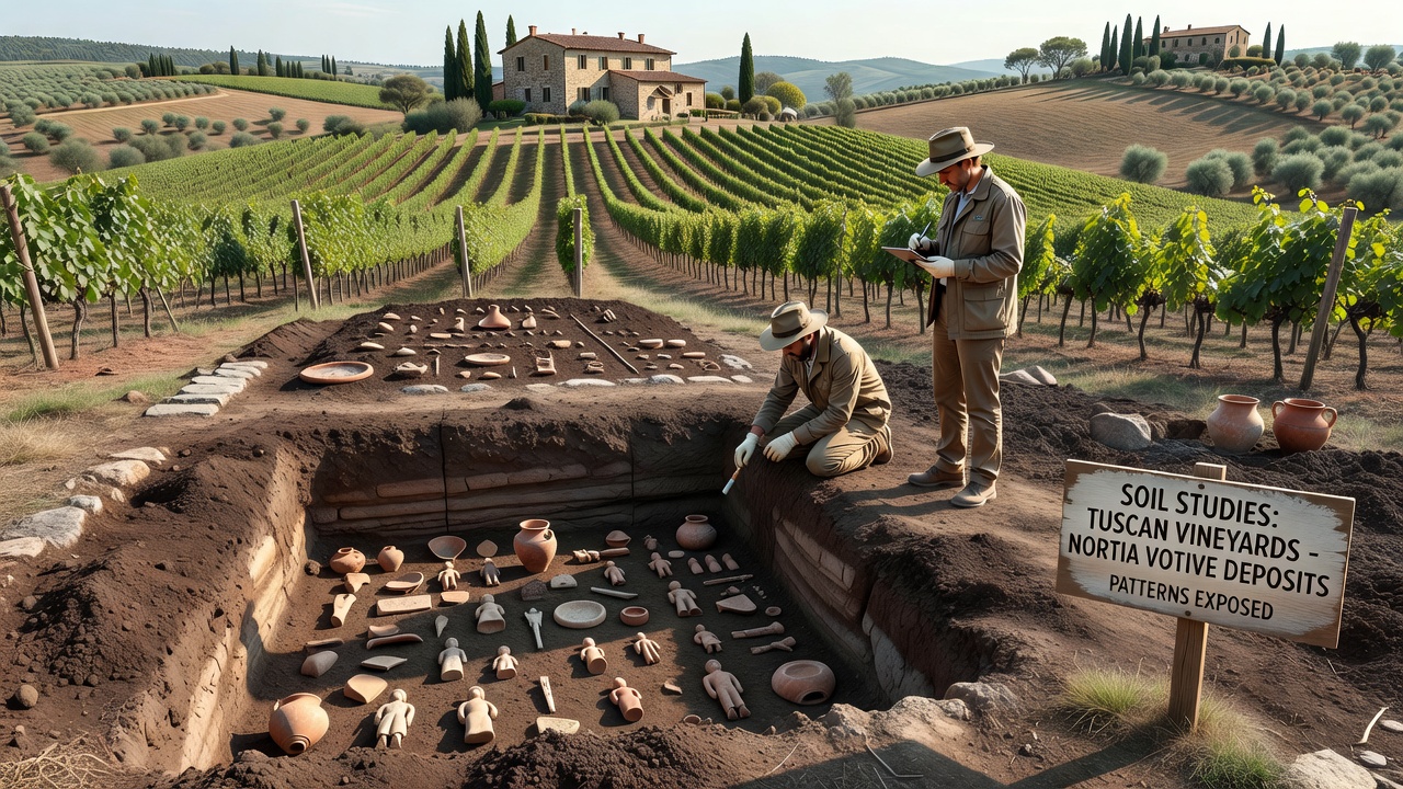 Detailed view of soil cores extracted from Tuscan vineyard sites showing layers with Nortia votive materials